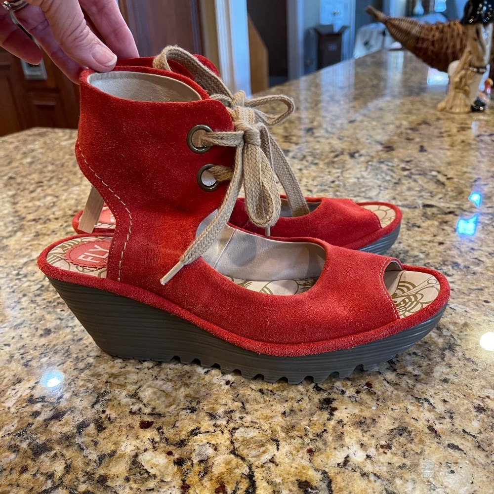 Fly London Red Suede Peep toe Lace-up Wedge - Sz 39